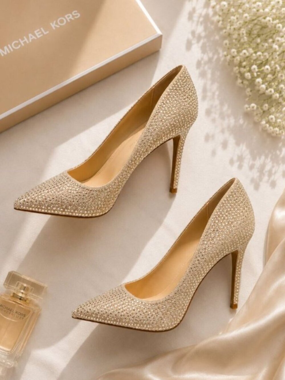 Michael Kors Keke Pumps Shimmering Embellished Gemstone Pale Gold Size 9